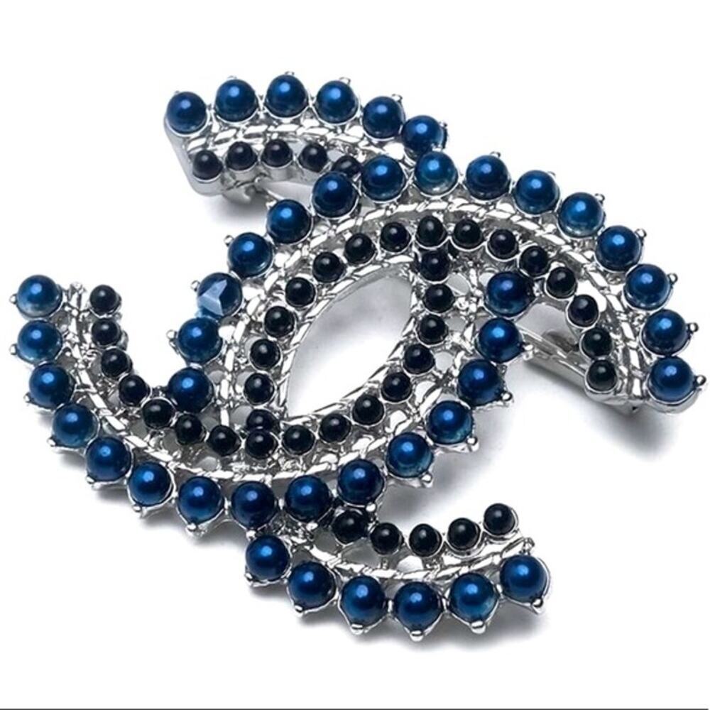 CHANEL Timeless Pearl Beaded Black Silver Royal Blue Brooch - Picture 3 of 5